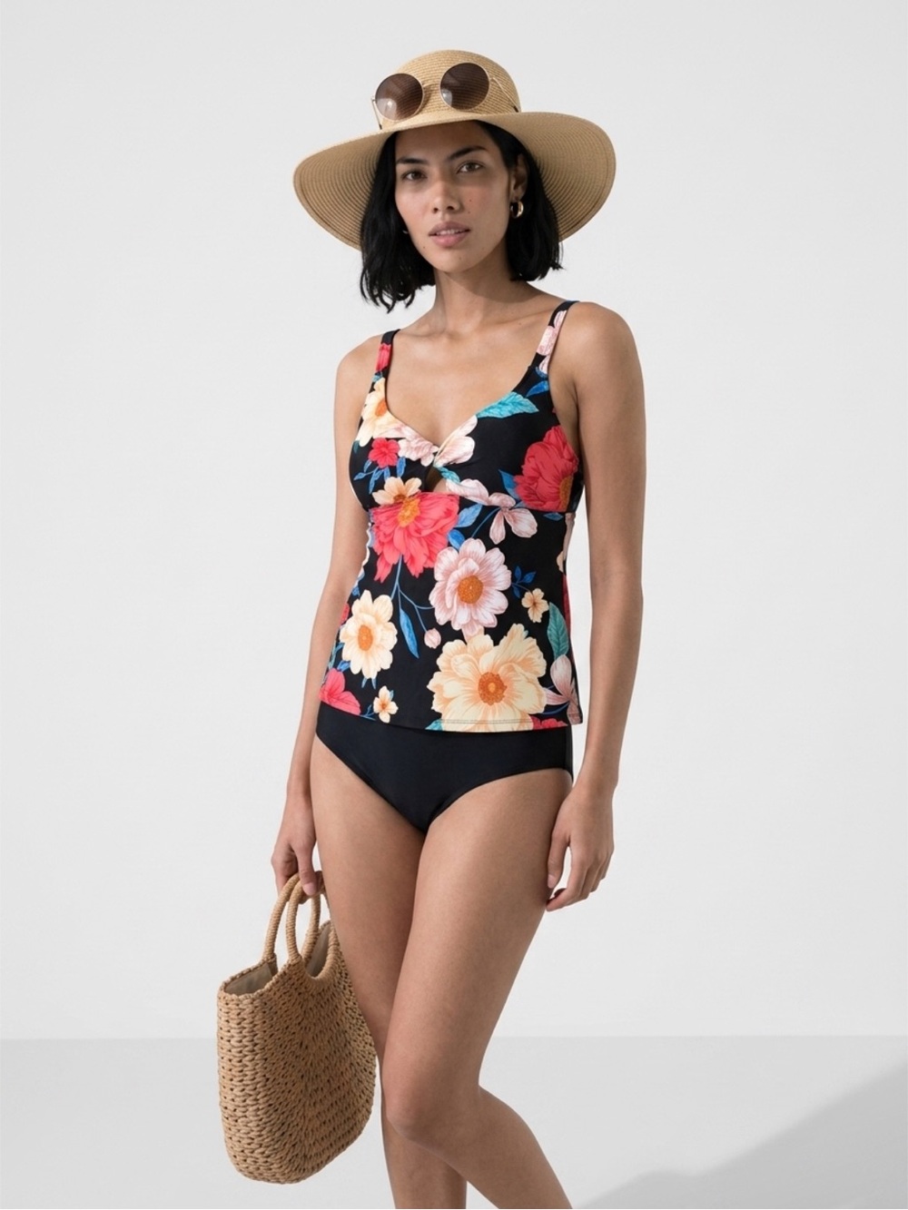 Black and Red Bathing-suit Top  with Artistic Floral Design